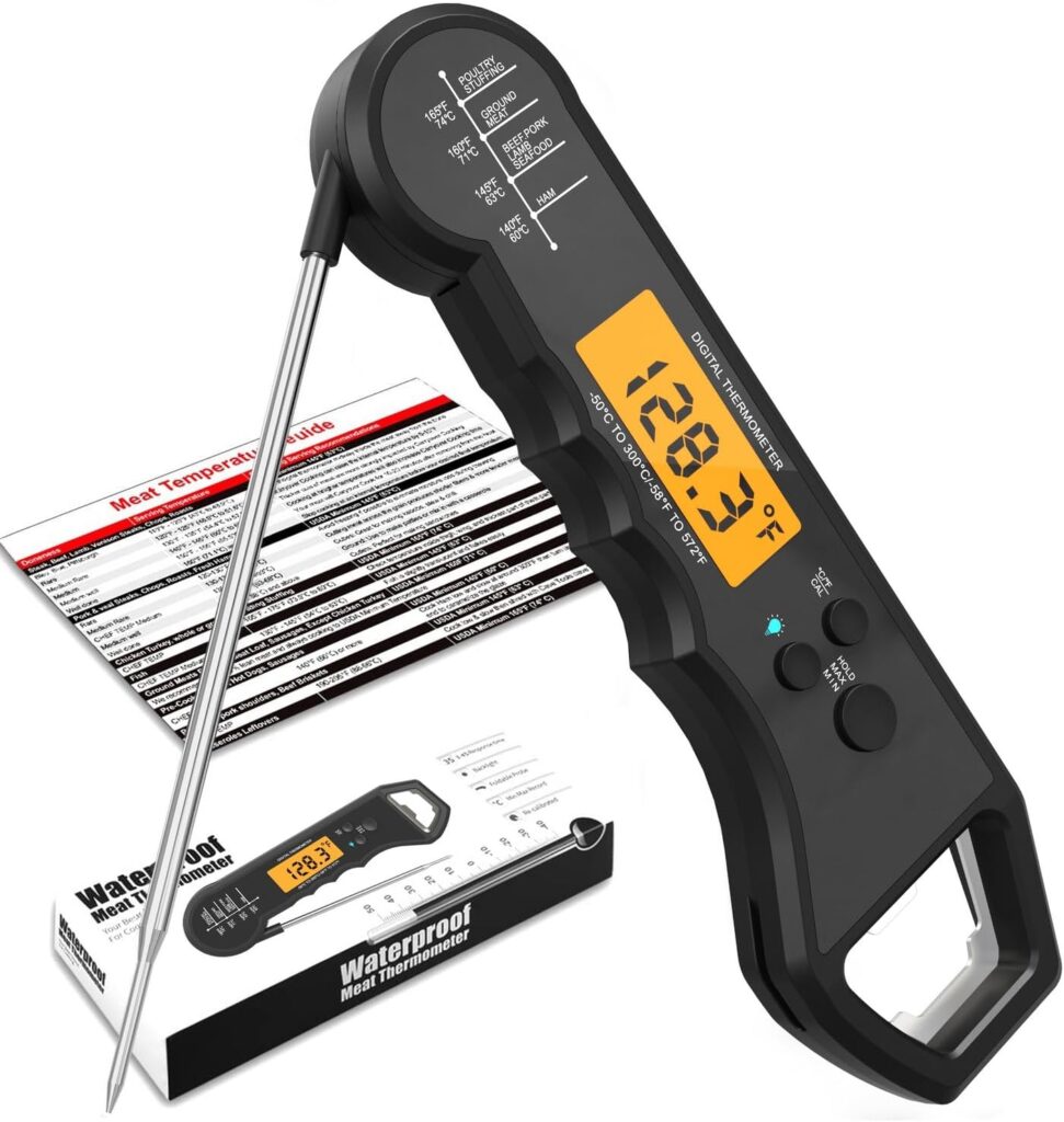 Waterproof Instant Read Digital Meat Thermometer for Cooking and Grilling, Food Thermometer with Backlight, Magnet, Calibration, and Foldable Probe, Bottle Cap Opener for Kitchen Gadgets, BBQ, Grill