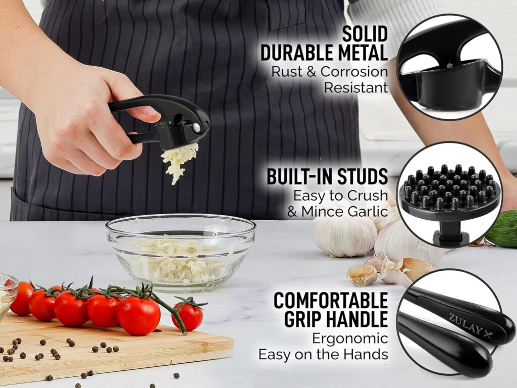 Zulay Kitchen Premium Garlic Press Set - Rust Proof  Dishwasher Safe Professional Garlic Mincer Tool - Easy-Squeeze, Easy-Clean with Soft, Ergonomic Handle - Silicone Garlic Peeler  Brush (Silver)