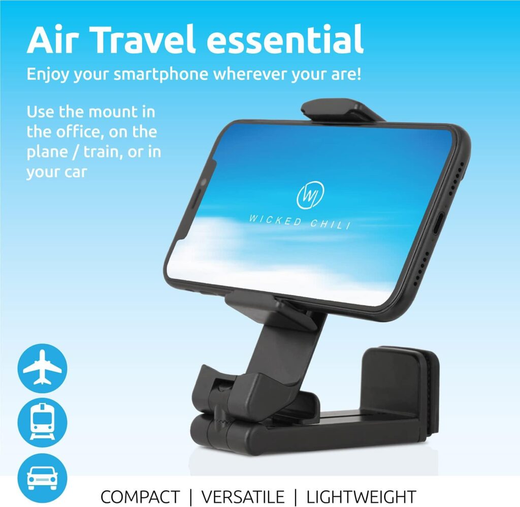 1x Airplane in Flight Phone Holder | Travel Essential Gadget for Plane | Universal Foldable Pocket Size Smartphone Mount | 360° Rotation | Train Work Monitor Kitchen  Video (Patented)