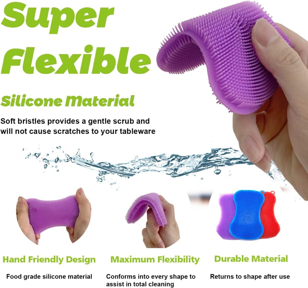 3 Pack Silicone Sponges, Cleaning Sponges，Scrubber for Dishes Fruit Vegetable Scrubber Silicone Sponges for Kitchen Gadgets Brush Accessories (4.3inch)