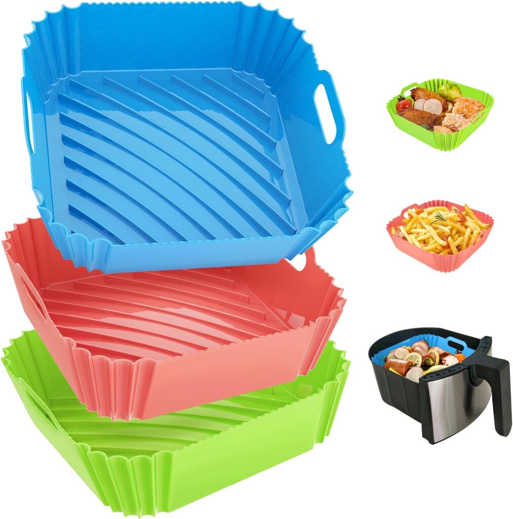 3 Pcs Silicone Air Fryer Liners Square Airfryer Liners 4-7 QT 8.6 Inch Reusable Air Fryer Silicone Pot Oven Liner Baking Tray, Air Fryer Basket Silicone Mat Bowl Air Fryer Accessories Kitchen Gadgets