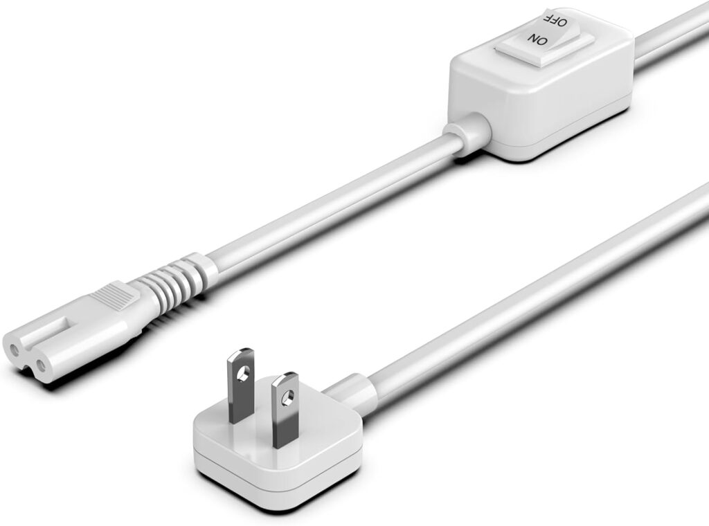 5ft Power Cord Flat Plug with on/Off Switch, Figure 8 AC Cable Power Supply Replacement 2 Prong for TV, Monitor, Charger, Playstation, Xbox and Other Electronic Gadgets, Low Profile,White