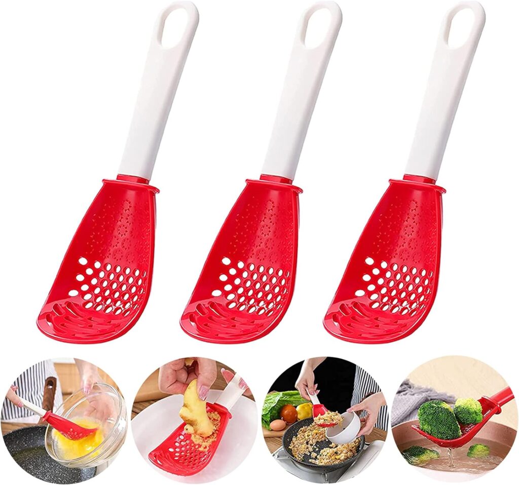 6in1 Multifunctional Kitchen Cooking Spoon- Kitchen Gadgets Strainers for egg yolk Separator- Grater Masher- Colander Skimmer Scoop- for Mashing, Grating, Draining, Heat Resistant (Color mixing)