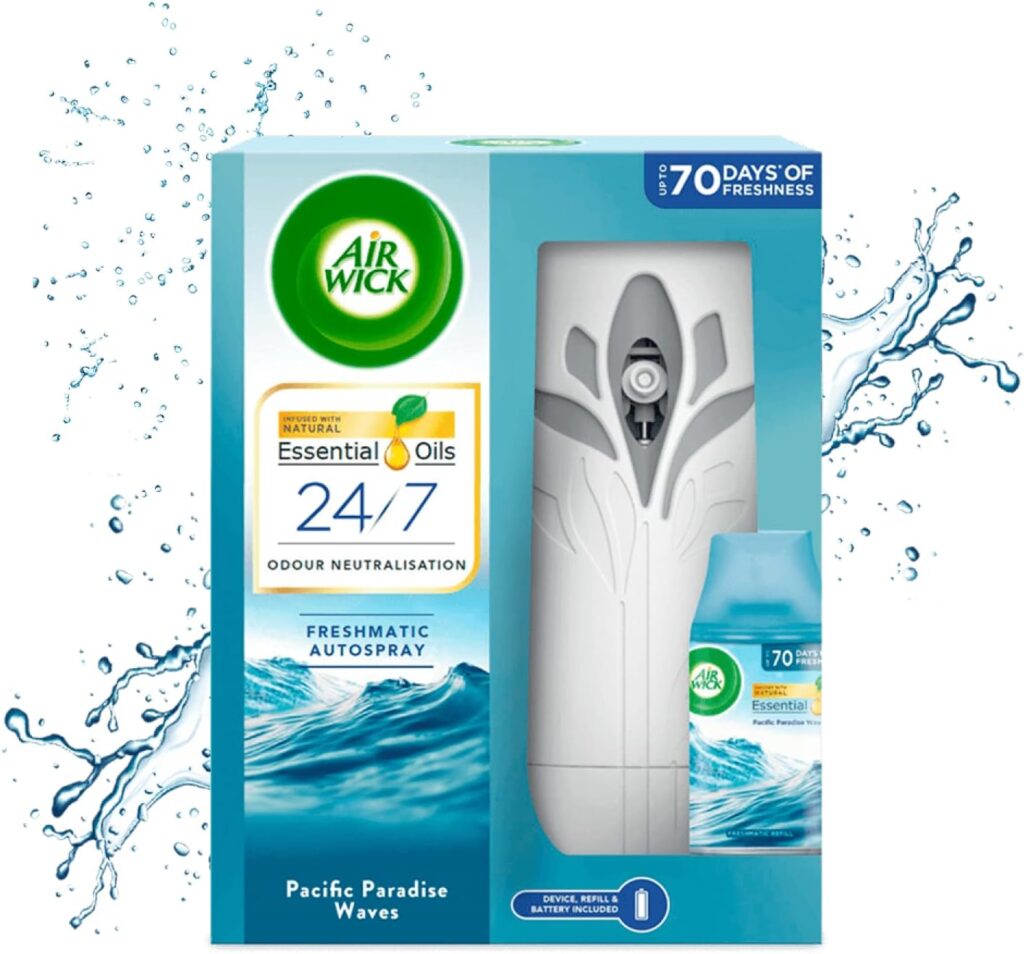 Air Wick Freshmatic Air Freshener Spray Starter Kit (1 Gadget + 1 Refill) Automatic Sprayer, Pacific Paradise Waves Scent for Home and Office Fragrance, Red