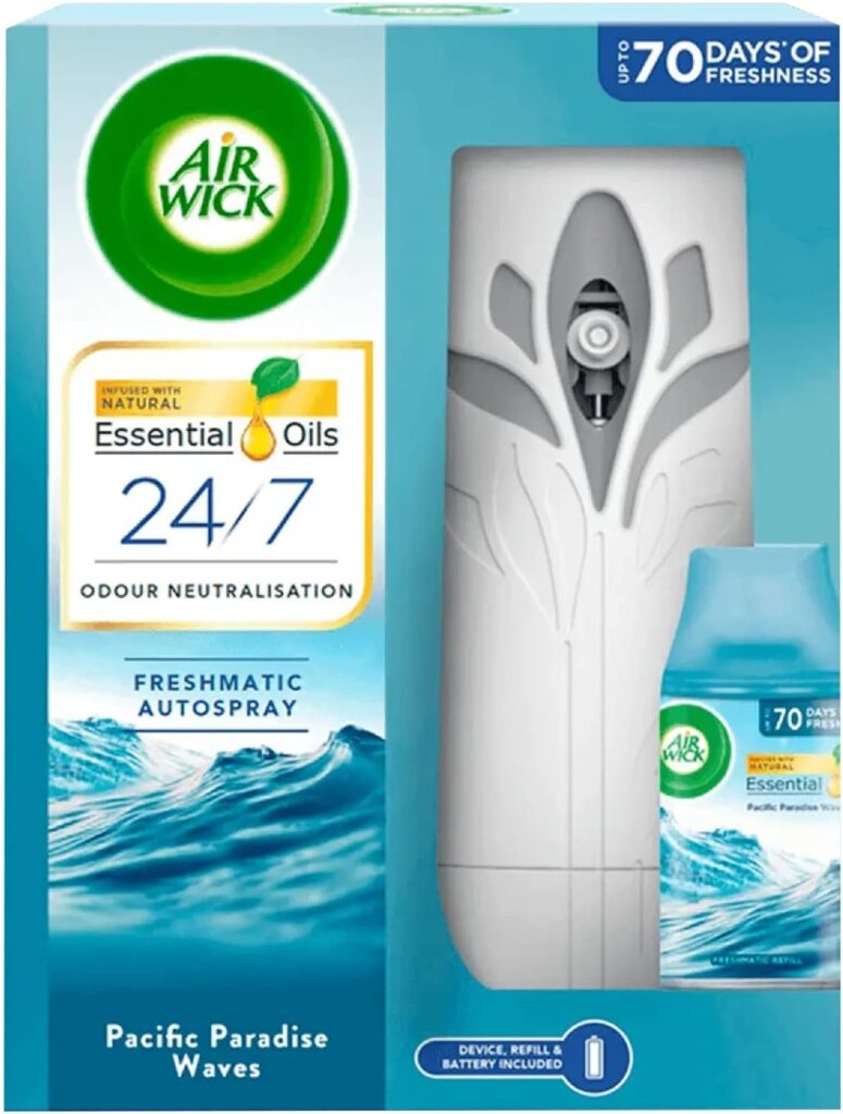 Air Wick Freshmatic Air Freshener Spray Starter Kit (1 Gadget + 1 Refill) Automatic Sprayer, Pacific Paradise Waves Scent for Home and Office Fragrance, Red