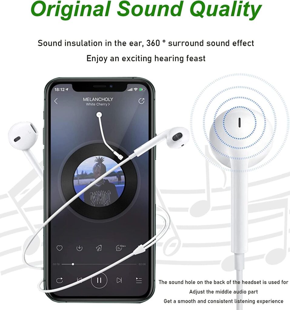 Apple Earbuds for iPhone,Wired Headphones with Lightning Connector【Apple MFi Certified】 Noise Isolating Earphones for iPhone 14/14 Pro/13/12/11/XR/XS/X/8/7 (Built-in Microphone  Volume Control)