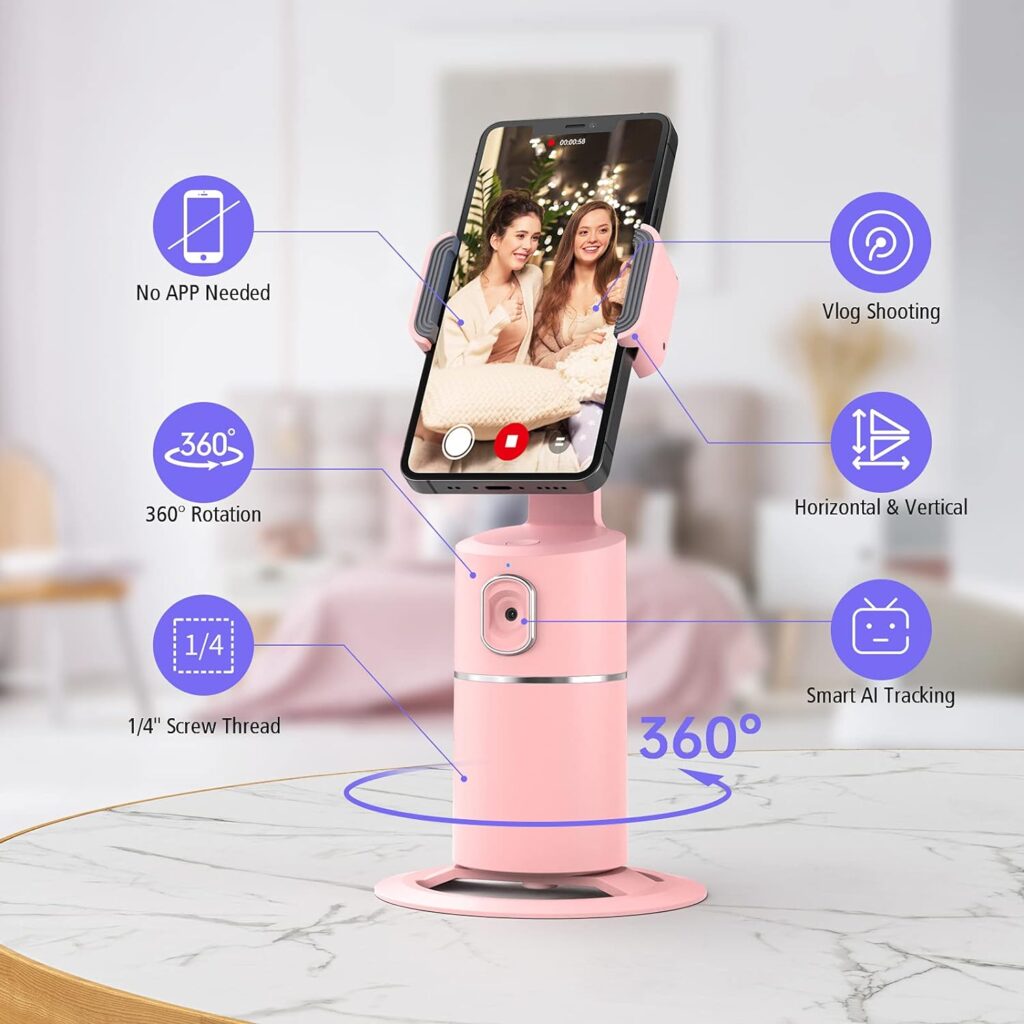 Auto Face Tracking Phone Holder, No App Required, 360° Rotation Face Body Phone Tracking Tripod Smart Shooting Camera Mount for Live Vlog Streaming Video, Rechargeable Battery-Black