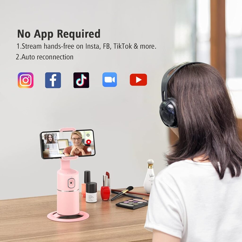 Auto Face Tracking Phone Holder, No App Required, 360° Rotation Face Body Phone Tracking Tripod Smart Shooting Camera Mount for Live Vlog Streaming Video, Rechargeable Battery-Black