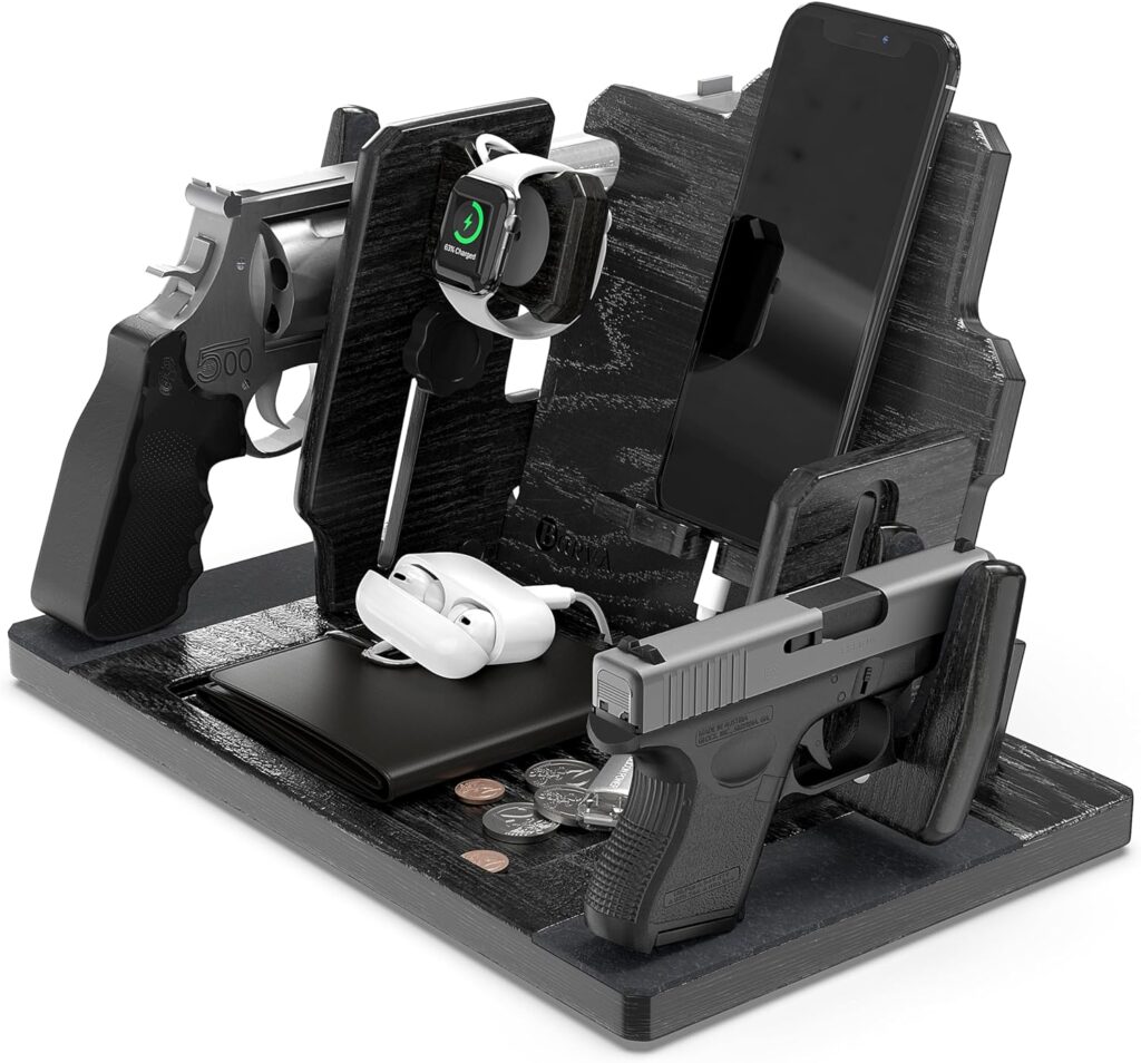 BarvA Adaptive Wood Double Gun Rack Phone Wallet Docking Station Military Watch Night Stand Key Holder Side Table Charging Station Self Defense Desk Organizer Tray Tactical Gear Men Accessories