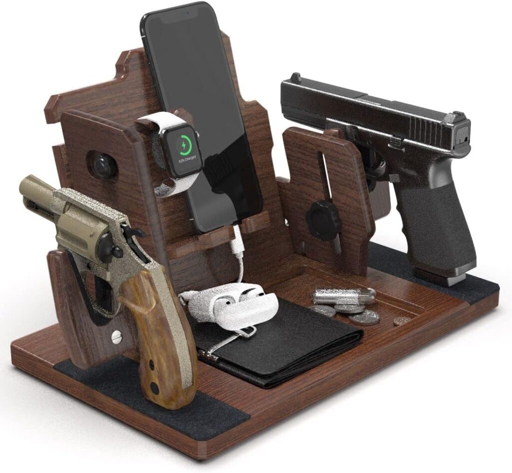 BarvA Adaptive Wood Double Gun Rack Phone Wallet Docking Station Military Watch Night Stand Key Holder Side Table Charging Station Self Defense Desk Organizer Tray Tactical Gear Men Accessories