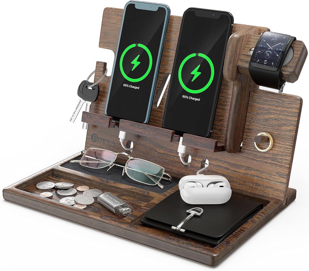 BARVA Multi Model SmartWatch Charging Point Wood Docking Station Nightstand Organizer 2 Phone Wallet Watch Stand Key Holder Tablet Tech Gadgets Bedside Charging Dock Birthday Accessories Gifts for Men