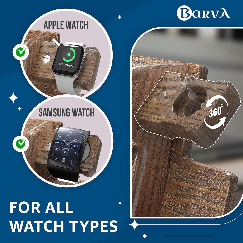 BARVA Multi Model SmartWatch Charging Point Wood Docking Station Nightstand Organizer 2 Phone Wallet Watch Stand Key Holder Tablet Tech Gadgets Bedside Charging Dock Birthday Accessories Gifts for Men