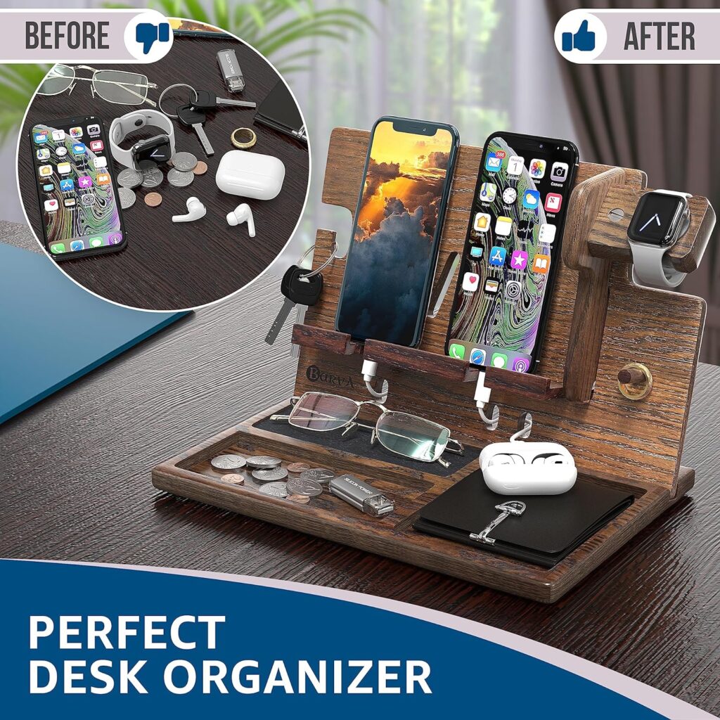 BARVA Multi Model SmartWatch Charging Point Wood Docking Station Nightstand Organizer 2 Phone Wallet Watch Stand Key Holder Tablet Tech Gadgets Bedside Charging Dock Birthday Accessories Gifts for Men
