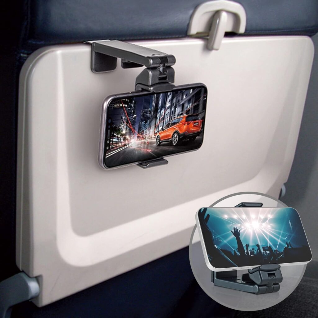BEYOND CELL Travel Essentials for Flying, Universal Seat Back Tray Table Hands Free Phone Clip Holder, Travel Must Haves Adjustable Pocket Size Compatible with iPhone and Android