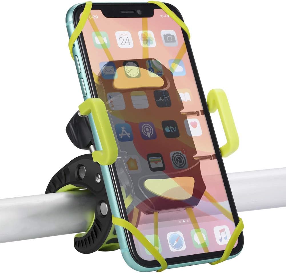 Bike Phone Mount, Motorcycle Mountain Bike Handlebar Bicycle Golf Cart Stroller Cell Phone Holder with Rubber Strap 360 Degrees Rotate for iPhone X 8 7 6 6s Plus Samsung (Green)