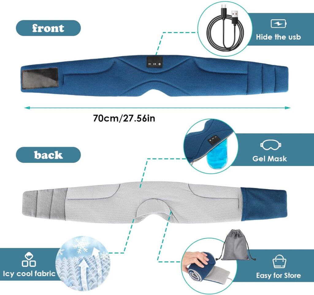 Bluetooth Sleep Mask with 24 White Noise, Ultra-Thin Speaker Cold Pack Blockout Bluetooth Eye Mask Sleep Headphones for Side Sleepers, Airplane, Travel, Cool Gadgets for Women Man (Blue)