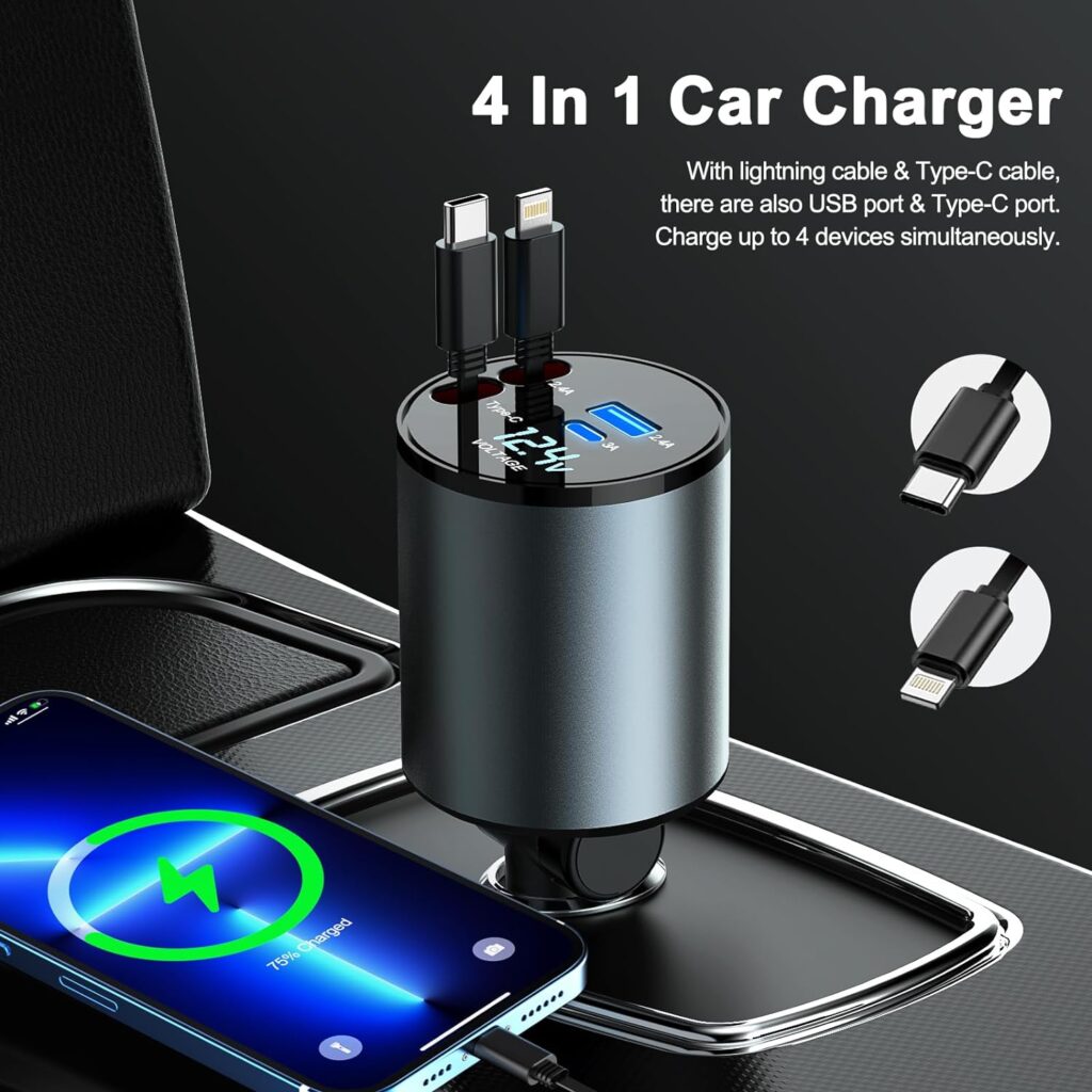 Car Charger 100W Super Fast Charging, 4-in-1 Retractable Car Charger, 180° Adjustable USB Car Charger, Car Charger Adapter with Voltage Display for iPhone 15/14/13/12 Pro Max, iPad, Samsung