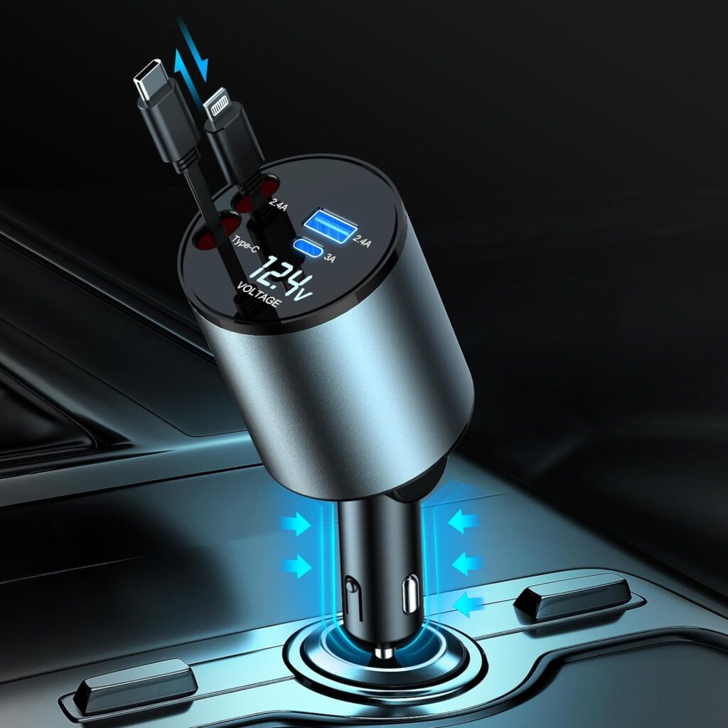 Car Charger 100W Super Fast Charging, 4-in-1 Retractable Car Charger, 180° Adjustable USB Car Charger, Car Charger Adapter with Voltage Display for iPhone 15/14/13/12 Pro Max, iPad, Samsung