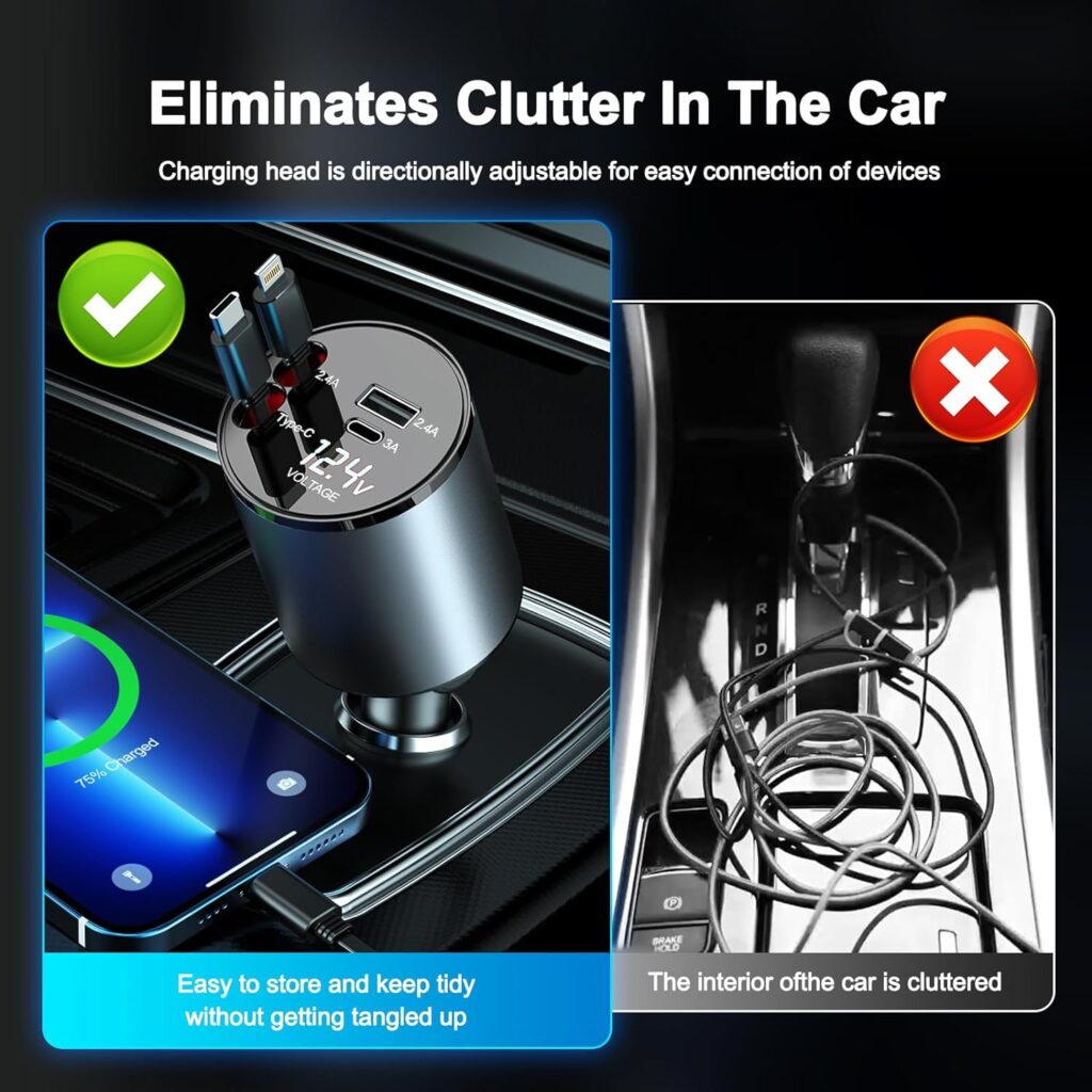Car Charger 100W Super Fast Charging, 4-in-1 Retractable Car Charger, 180° Adjustable USB Car Charger, Car Charger Adapter with Voltage Display for iPhone 15/14/13/12 Pro Max, iPad, Samsung