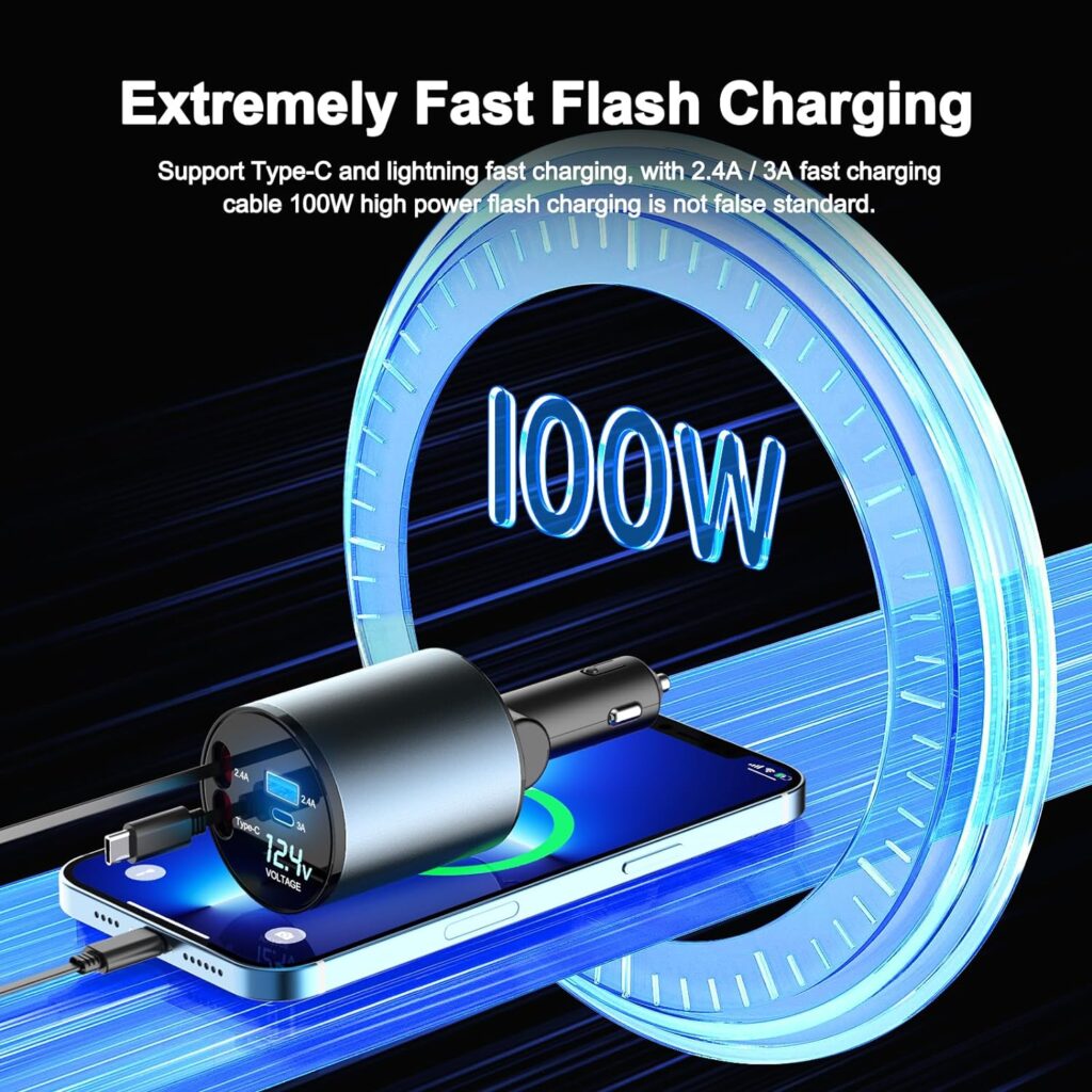 Car Charger 100W Super Fast Charging, 4-in-1 Retractable Car Charger, 180° Adjustable USB Car Charger, Car Charger Adapter with Voltage Display for iPhone 15/14/13/12 Pro Max, iPad, Samsung