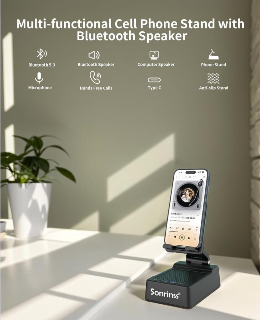 Cell Phone Stand with Wireless Bluetooth Speaker - Adjustable Phone Holder HD Surround Sound Portable Speaker Compatible with iPhone/iPad/Samsung Galaxy and PC - Gifts for Men