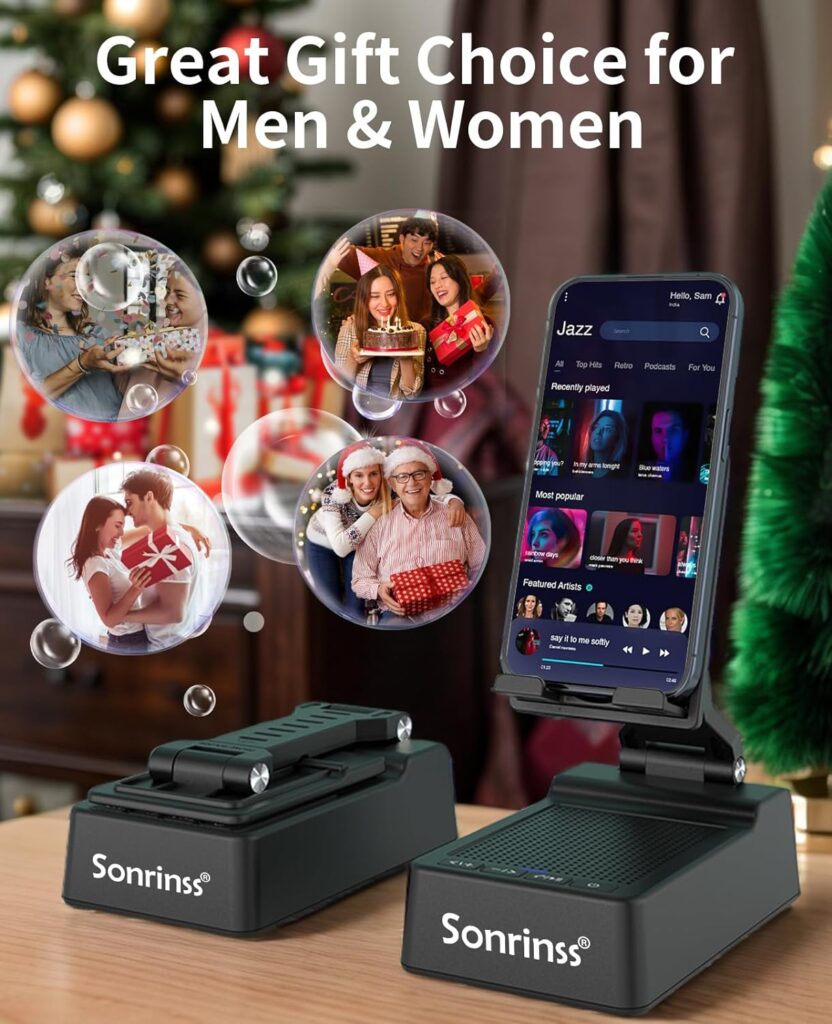 Cell Phone Stand with Wireless Bluetooth Speaker - Adjustable Phone Holder HD Surround Sound Portable Speaker Compatible with iPhone/iPad/Samsung Galaxy and PC - Gifts for Men