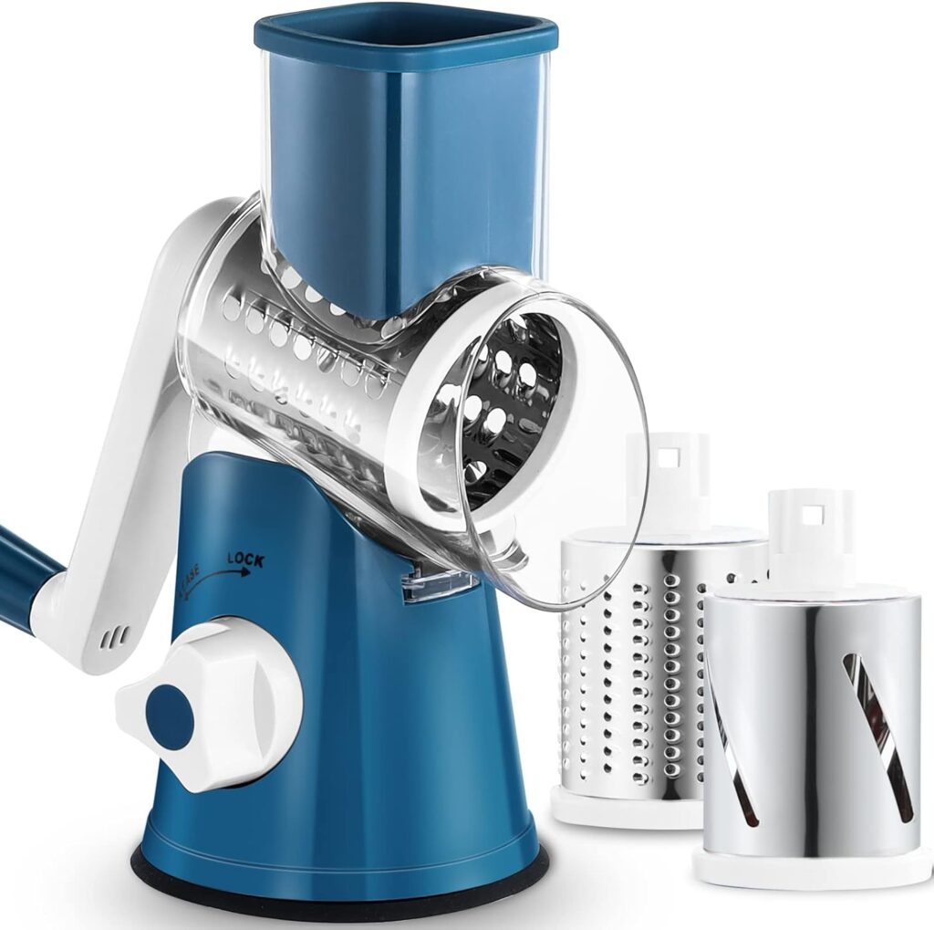 Cheese Grater Rotary, Rotary Grater for Kitchen, Kitchen Grater Vegetable Slicer with 3 Drum Blades, Fast Cutting Cheese Shredder for Vegetables and Nuts