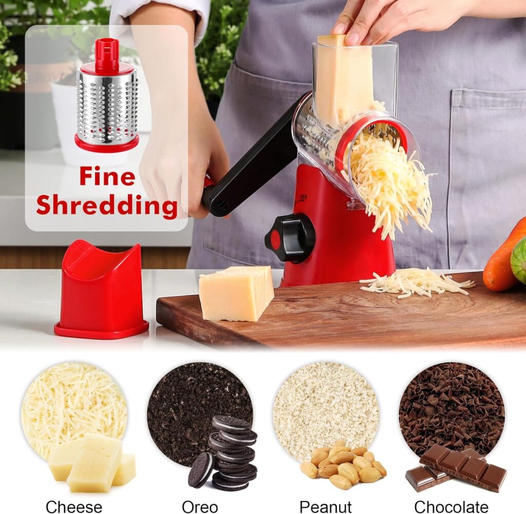 Cheese Grater Rotary, Rotary Grater for Kitchen, Kitchen Grater Vegetable Slicer with 3 Drum Blades, Fast Cutting Cheese Shredder for Vegetables and Nuts