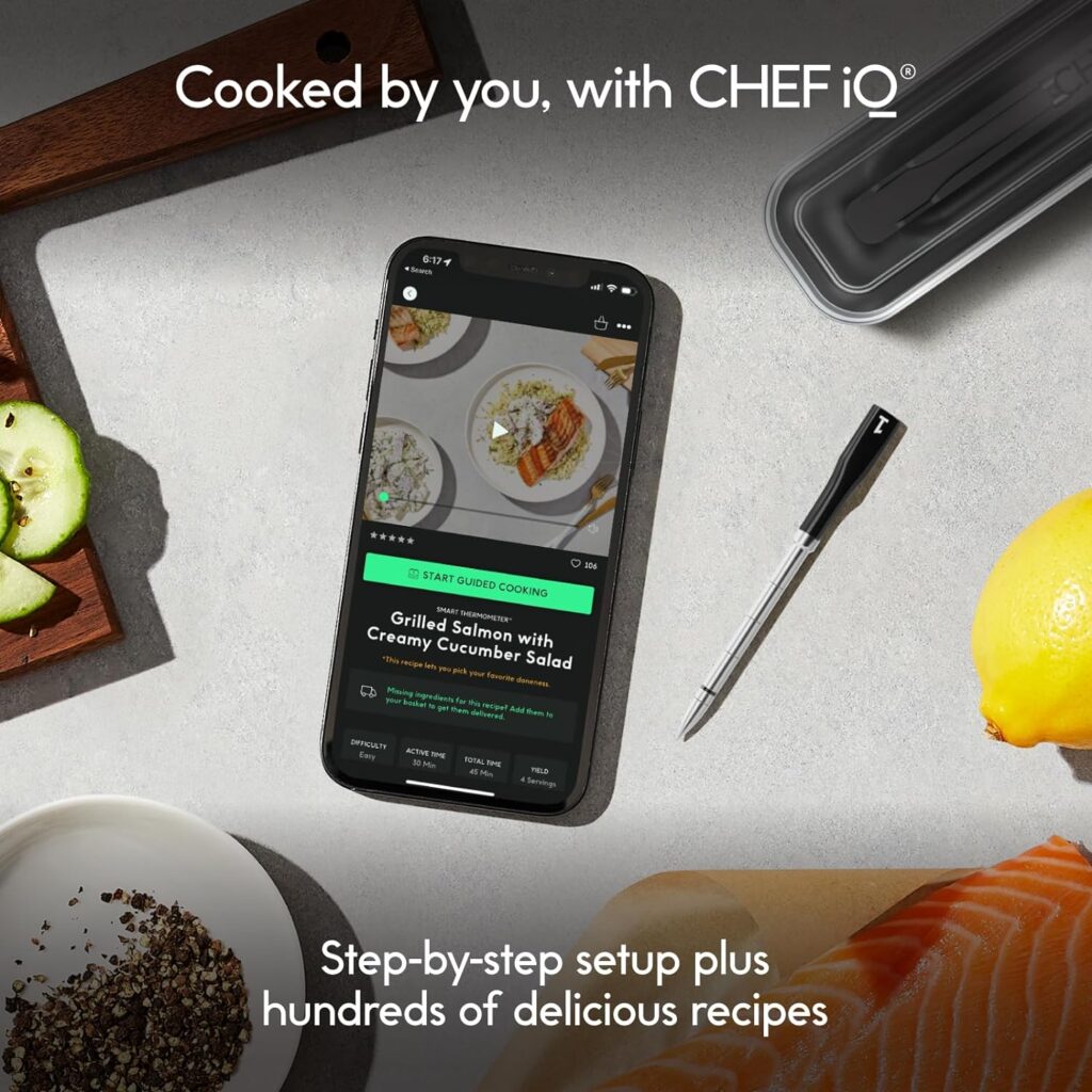 CHEF iQ Smart Wireless Meat Thermometer with Ultra-Thin Probe, Unlimited Range Bluetooth Meat Thermometer, Digital Food Thermometer for Remote Monitoring of BBQ Grill, Oven, Smoker, Air Fryer