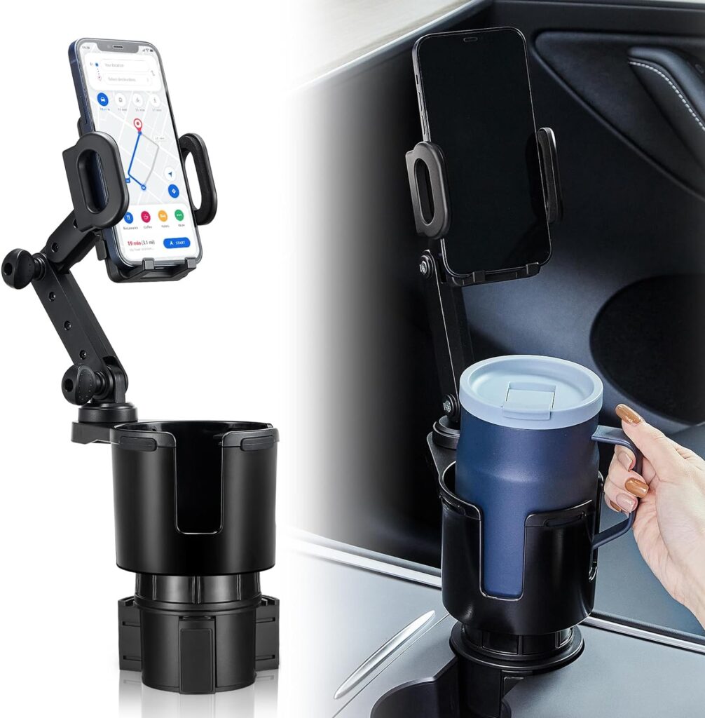 Cup Holder Expander for Car with Phone Mount,THIS HILL 2 in 1 Car Cup Holder Expander Adjustable Base, 360°Rotation, Cup Holder Cell Phone Holder for Car Compatible with iPhone All Smartphones