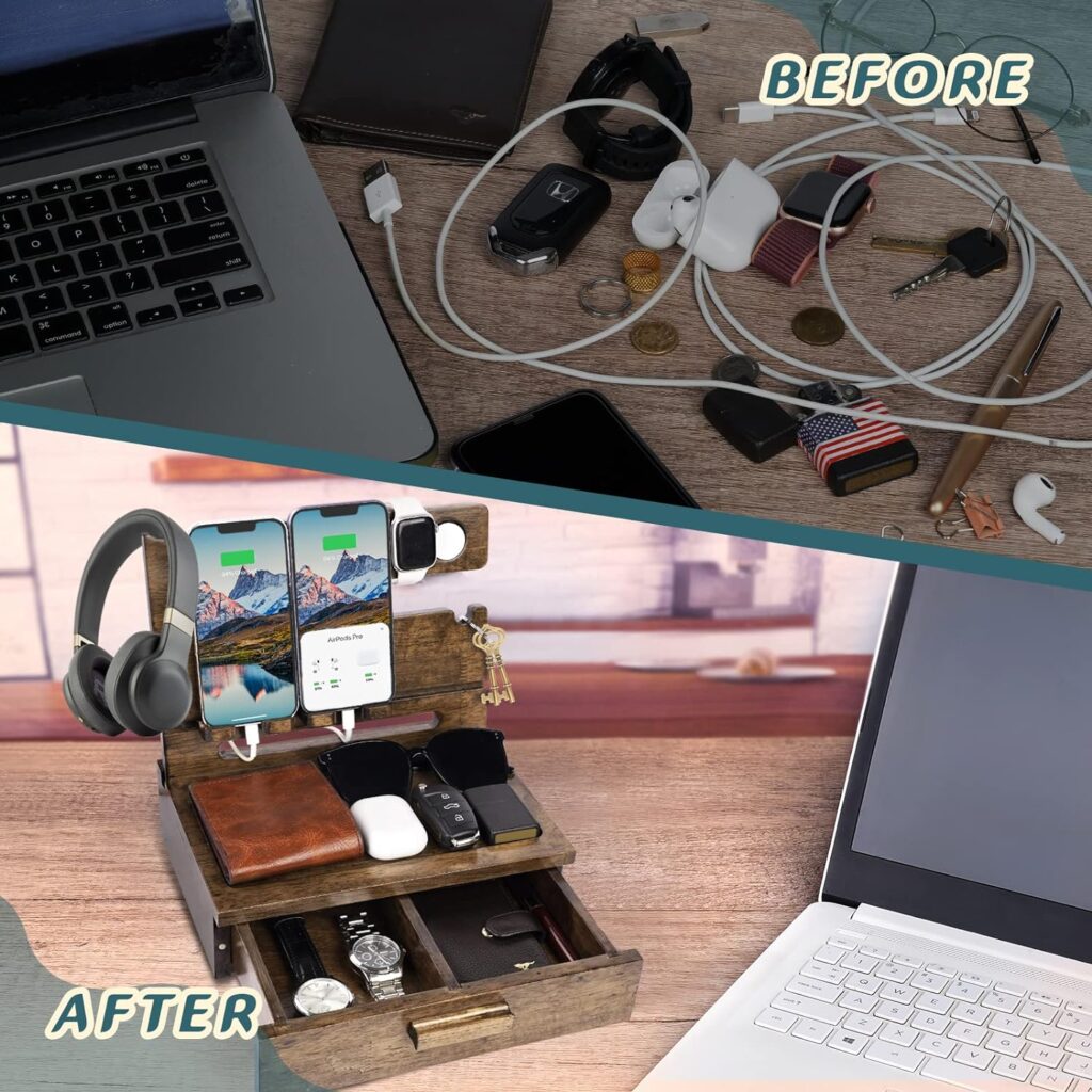 Dad Gifts for Fathers Day from Daughter Son, Wood Phone Docking Station with Drawer Nightstand Organizer for Men Papa, Gifts for Husband Anniversary Birthday from Wife, Cool Xmas Gadget for Him