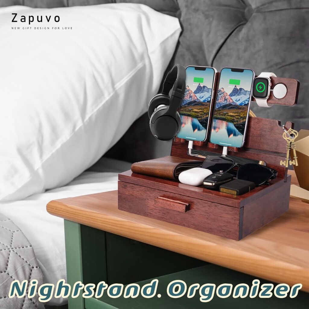 Dad Gifts for Fathers Day from Daughter Son, Wood Phone Docking Station with Drawer Nightstand Organizer for Men Papa, Gifts for Husband Anniversary Birthday from Wife, Cool Xmas Gadget for Him