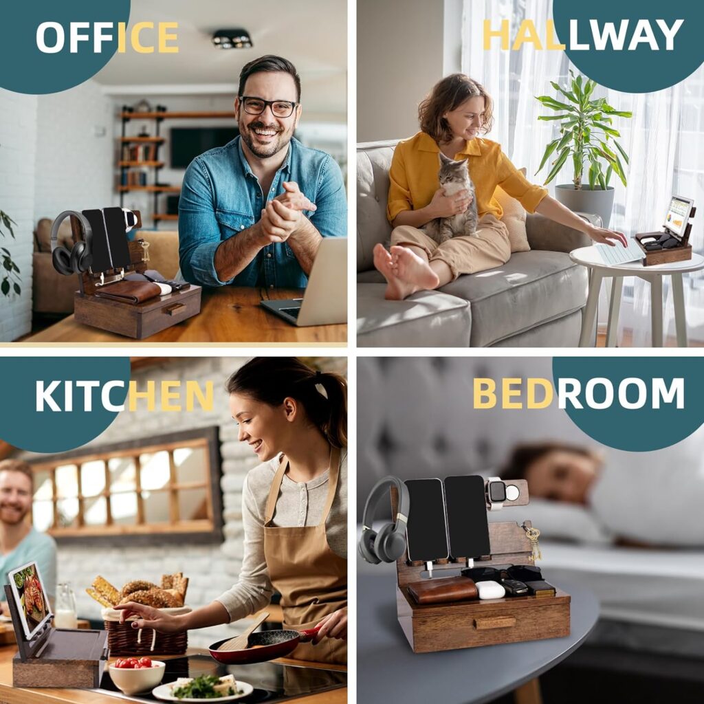 Dad Gifts for Fathers Day from Daughter Son, Wood Phone Docking Station with Drawer Nightstand Organizer for Men Papa, Gifts for Husband Anniversary Birthday from Wife, Cool Xmas Gadget for Him