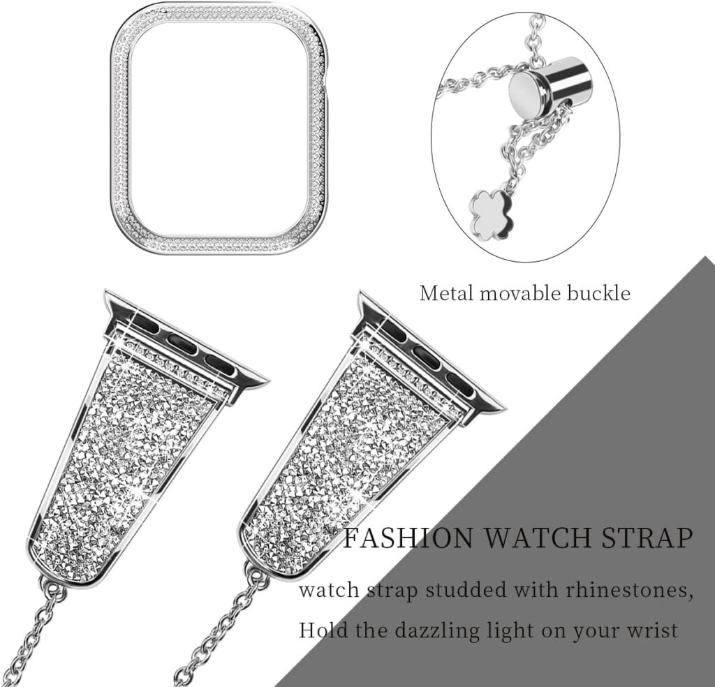 Dazzling Crystal Metal Band with Bling Bumper Case Compatible with Apple Watch 38mm 40mm 41mm 42mm 44mm 45mm for Women Girls