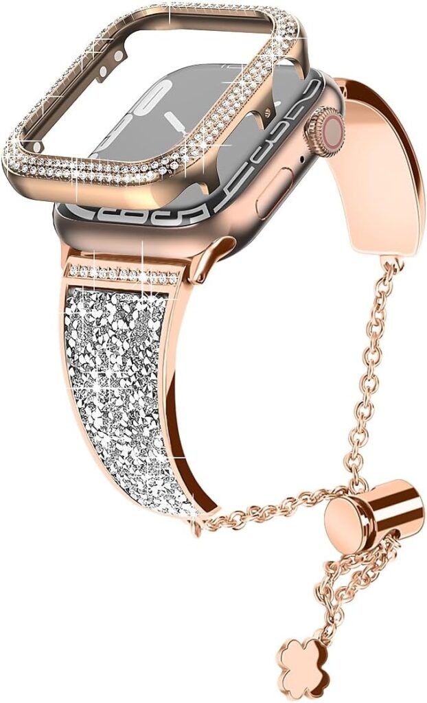 Dazzling Crystal Metal Band with Bling Bumper Case Compatible with Apple Watch 38mm 40mm 41mm 42mm 44mm 45mm for Women Girls