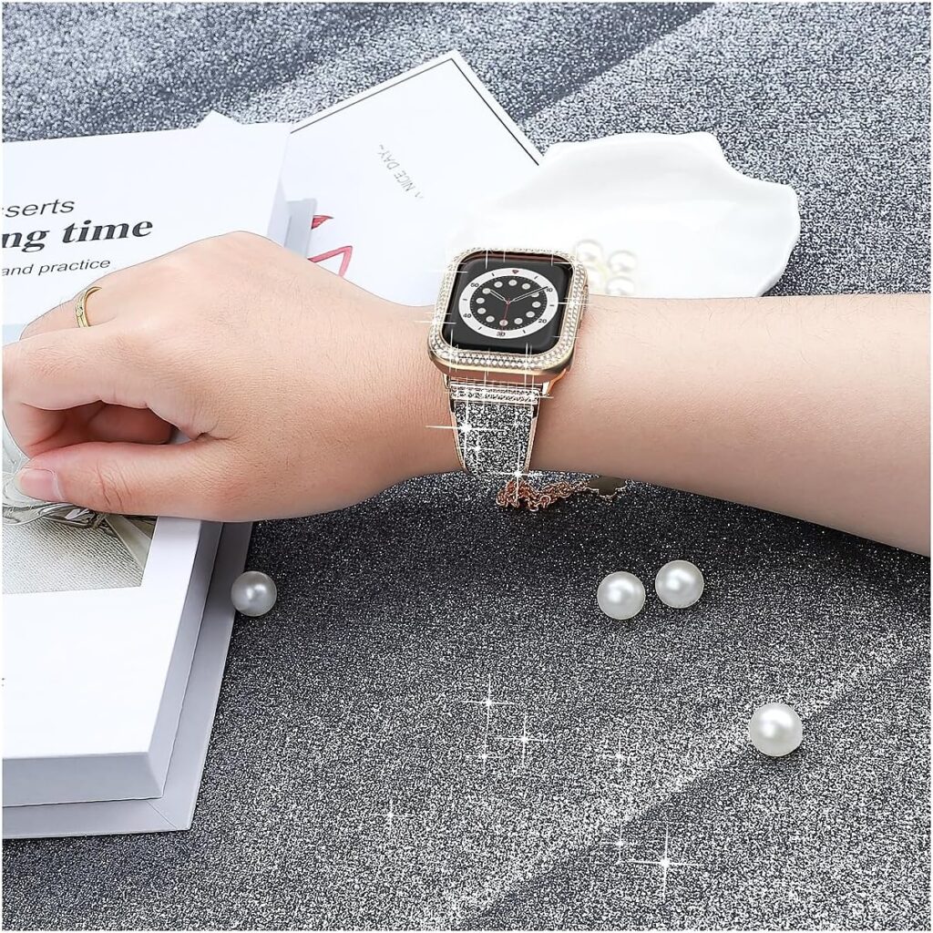 Dazzling Crystal Metal Band with Bling Bumper Case Compatible with Apple Watch 38mm 40mm 41mm 42mm 44mm 45mm for Women Girls