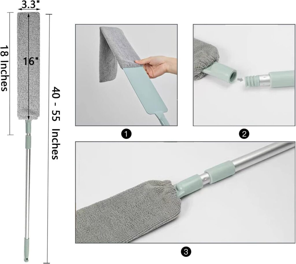 Dust Brush Under Appliance Microfiber Duster with Extension Pole (40 to 55 inches) Bendable, Washable, Extendable Gap Dusters for Sofa Bed Furniture Bottom - Wet or Dry Gray