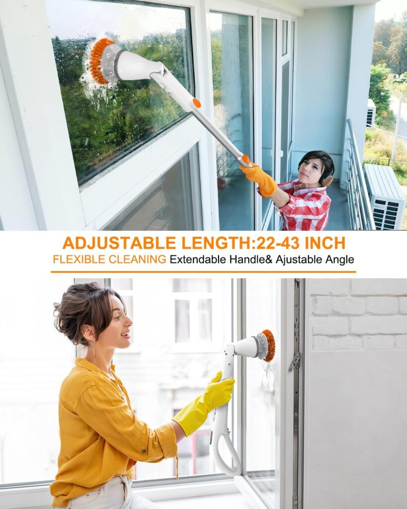 Electric Spin Scrubber - Cordless Spin Scrubber for Cleaning, Power Scrubber for Bathroom with 6 Replaceable Brush Heads  Adjustable Extension Handle, Electric Cleaning Brush for Tub, Car, Floor