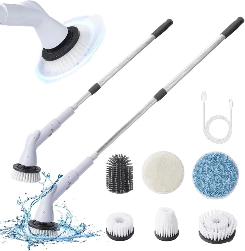 Electric Spin Scrubber with 6 Replaceable Brush Heads, Cordless Cleaning Brush, Shower Cleaning Brush, Power Scrubber 3 Adjustable Speeds  Detachable Long Handle, Kitchen Gadgets for Cleaning