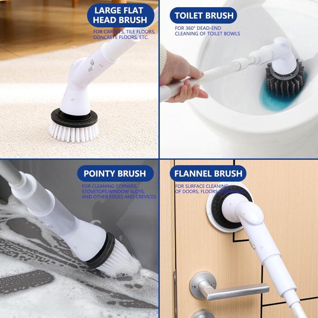 Electric Spin Scrubber with 6 Replaceable Brush Heads, Cordless Cleaning Brush, Shower Cleaning Brush, Power Scrubber 3 Adjustable Speeds  Detachable Long Handle, Kitchen Gadgets for Cleaning
