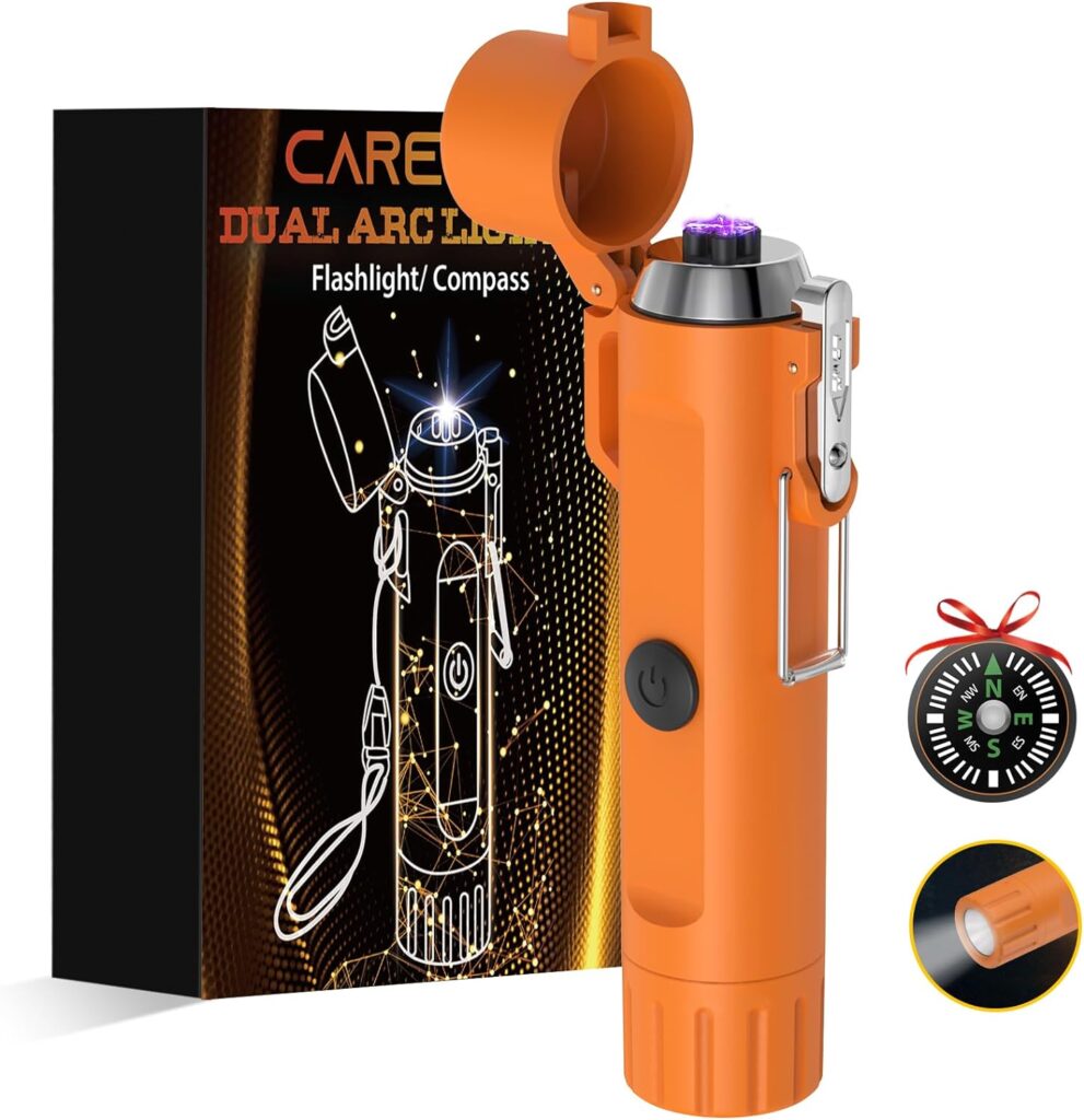 Electric Waterproof Lighters Gifts for Men: LED Flashlight Lighter Christmas Stocking Stuffers for Adults Him Dad Husband Boy Birthday - 3-in-1 USB Dual Arc Outdoor BBQ Camping Hunting Survival Gadget
