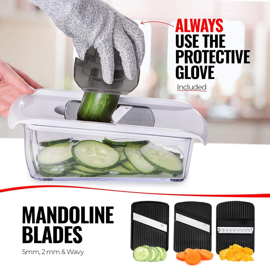Fullstar Mandoline Slicer for Kitchen, Cheese Grater Vegetable Spiralizer and Veggie Slicer for Cooking  Meal Prep, Kitchen Gadgets Organizer  Safety Glove Included (6 in 1, Gray/Green)