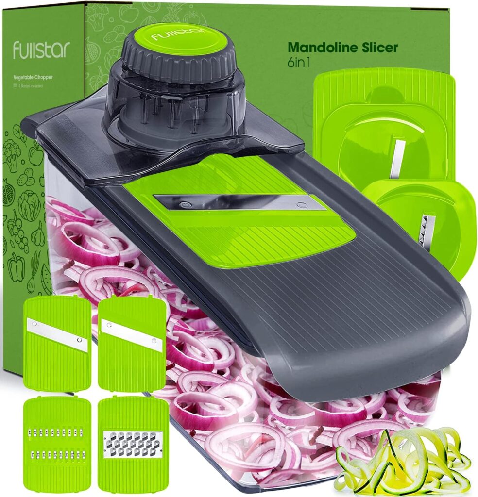 Fullstar Mandoline Slicer for Kitchen, Cheese Grater Vegetable Spiralizer and Veggie Slicer for Cooking  Meal Prep, Kitchen Gadgets Organizer  Safety Glove Included (6 in 1, Gray/Green)