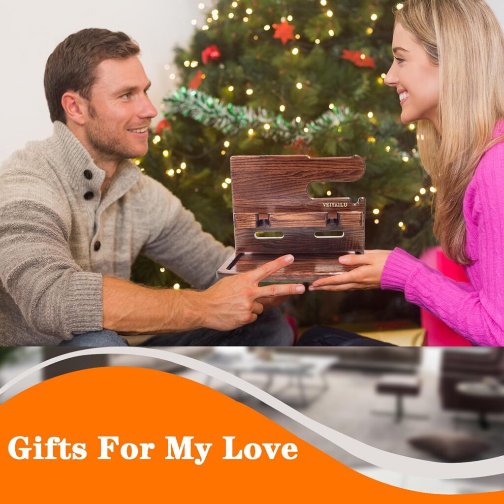 Gifts for Men husband boyfriend Nightstand Organizer for Men Wood Phone Docking Station Gift Ideas for Fathers Day, Christmas, and Valentines Day (Beige)