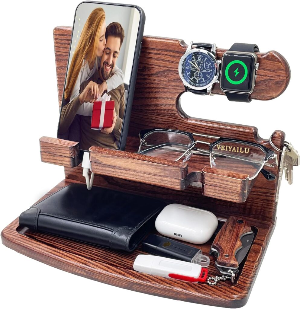 Gifts for Men husband boyfriend Nightstand Organizer for Men Wood Phone Docking Station Gift Ideas for Fathers Day, Christmas, and Valentines Day (Beige)