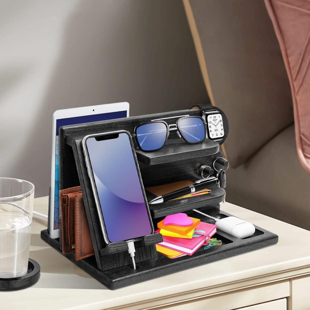 Gifts for Men Valentines Wood Phone Docking Station Key Wallet Stand Watch Organizer Father Husband Wife Male Idea Gadgets Bedside Organiser Anniversary Dad Birthday Gift for Boyfriend Gifts for Dad