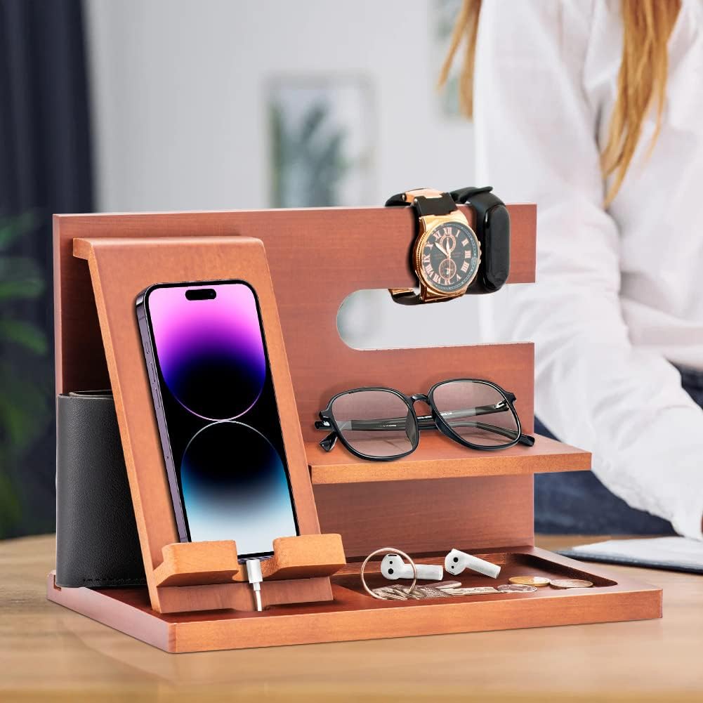 Gifts for Men Valentines Wood Phone Docking Station Key Wallet Stand Watch Organizer Father Husband Wife Male Idea Gadgets Bedside Organiser Anniversary Dad Birthday Gift for Boyfriend Gifts for Dad