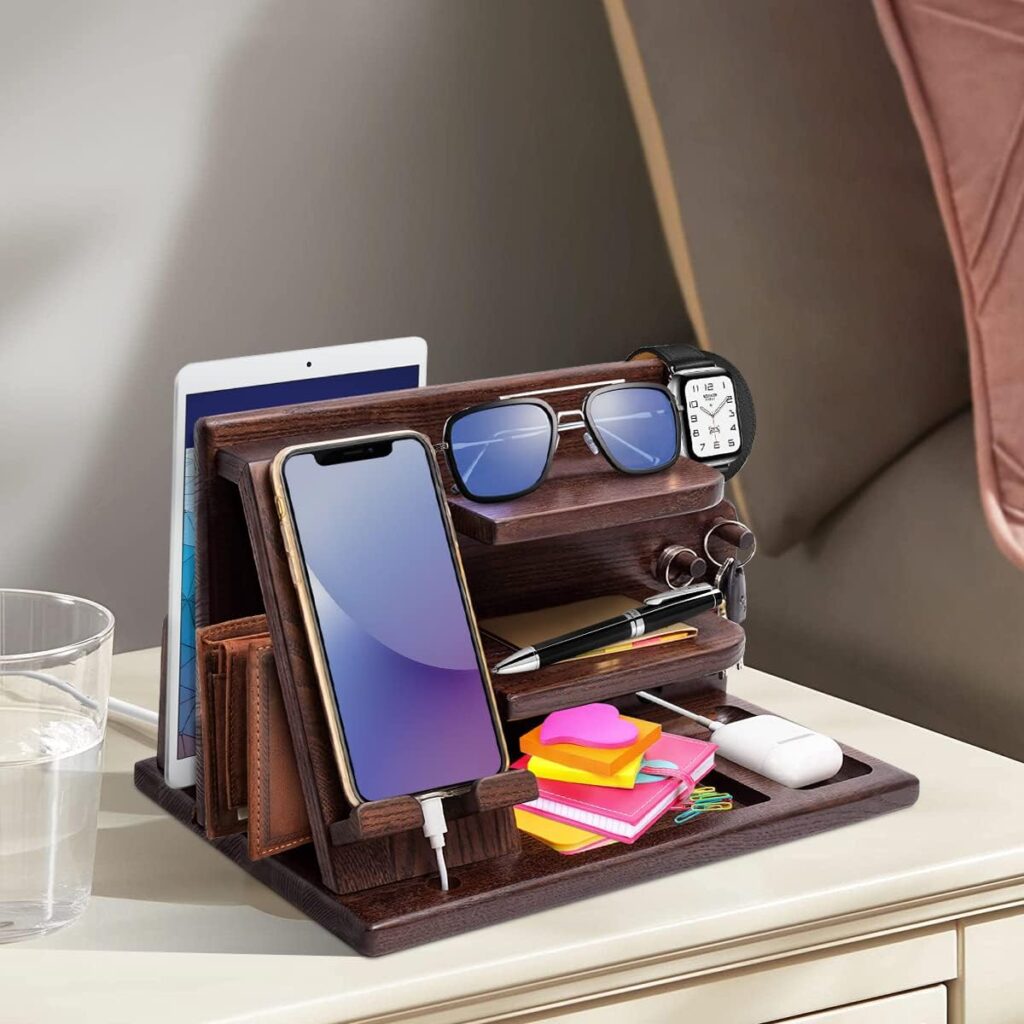 Gifts for Men Valentines Wood Phone Docking Station Key Wallet Stand Watch Organizer Father Husband Wife Male Idea Gadgets Bedside Organiser Anniversary Dad Birthday Gift for Boyfriend Gifts for Dad
