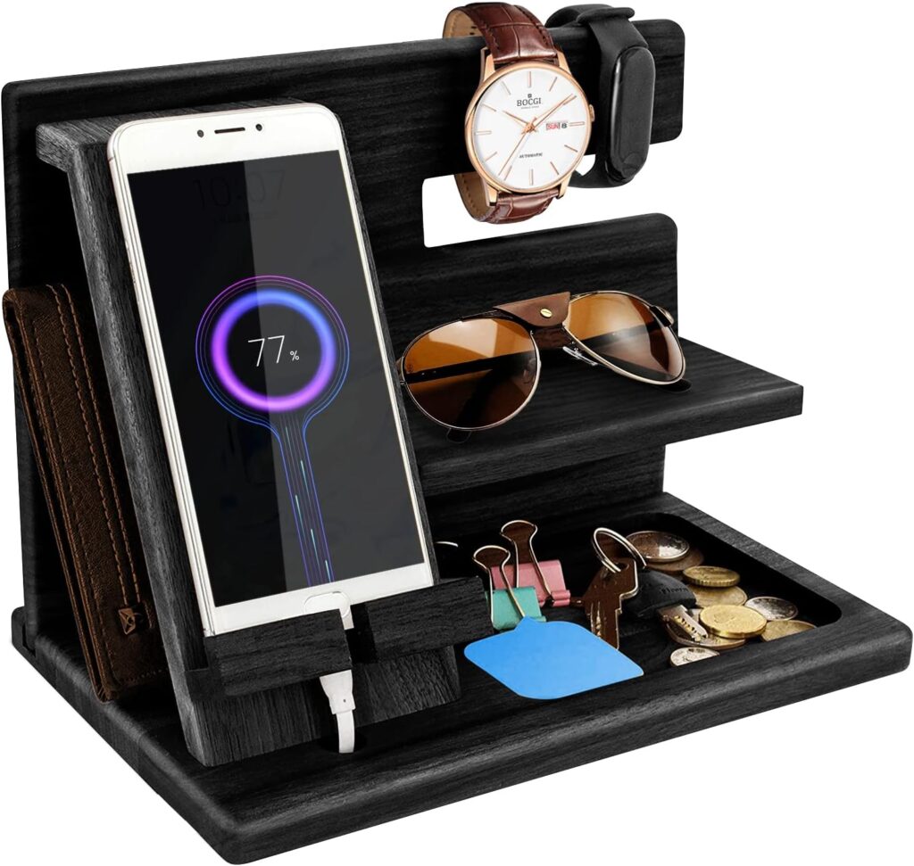Gifts for Men Wood Phone Docking Station Key Holder Wallet Watch Organizer Stand Mens Gifts for Husband Wife Nightstand Anniversary Dad Birthday Gifts for Men Gadget Gifts for Dad Fathers Day