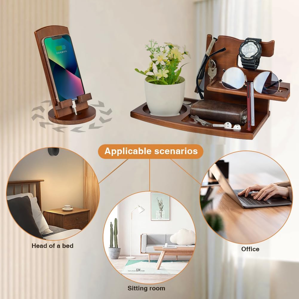 Gifts for Men Wood Phone Docking Station Key Holder Wallet Watch Organizer Stand Mens Gifts for Husband Wife Nightstand Anniversary Dad Birthday Gifts for Men Gadget Gifts for Dad Fathers Day
